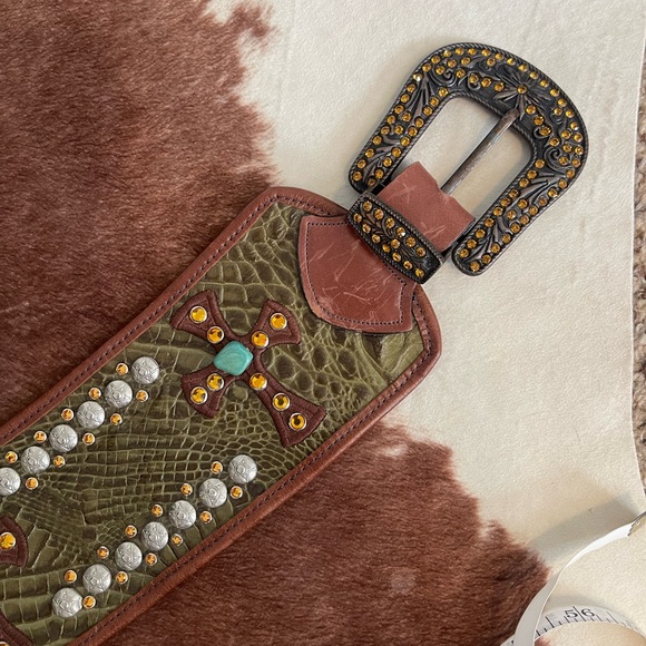 Western Studded Leather Belt with Cross Accents